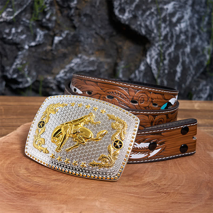 Ceinture rectangulaire en cuir à grande boucle, motif équitation bicolore, à faire soi-même - Équitation - Ceinture à plumes marron - 40 - image 8