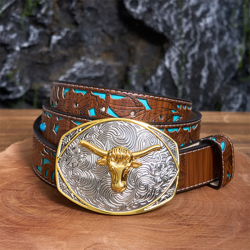 Ceinture en cuir à grande boucle avec tête de longhorn DIY Native Golden - Tête de Longhorn - Ceinture sculptée en turquoise - 42 - image 4