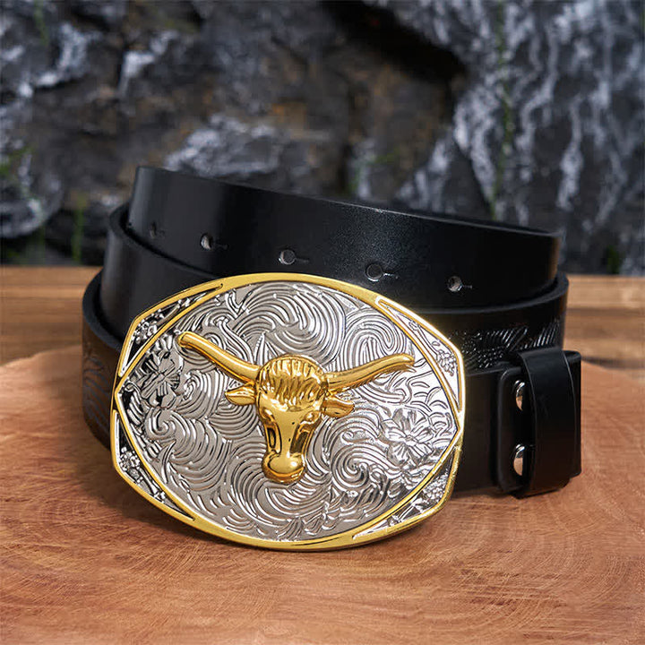 Ceinture en cuir à grande boucle avec tête de longhorn DIY Native Golden - Tête de Longhorn - Ceinture noire avec aigle en relief - 42 - image 3