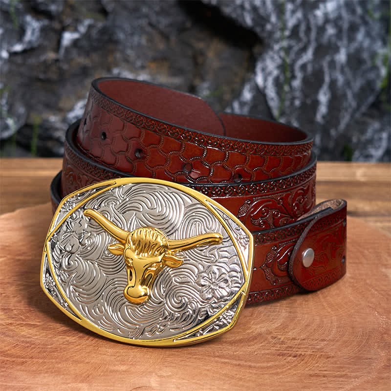 Ceinture en cuir à grande boucle avec tête de longhorn DIY Native Golden - Tête de Longhorn - Ceinture marron sculptée - 42 - image 7
