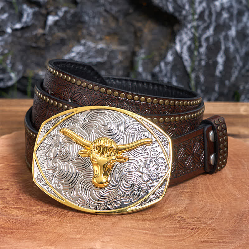 Ceinture en cuir à grande boucle avec tête de longhorn DIY Native Golden - Tête de Longhorn - Ceinture à rivets marron - 42 - image 5