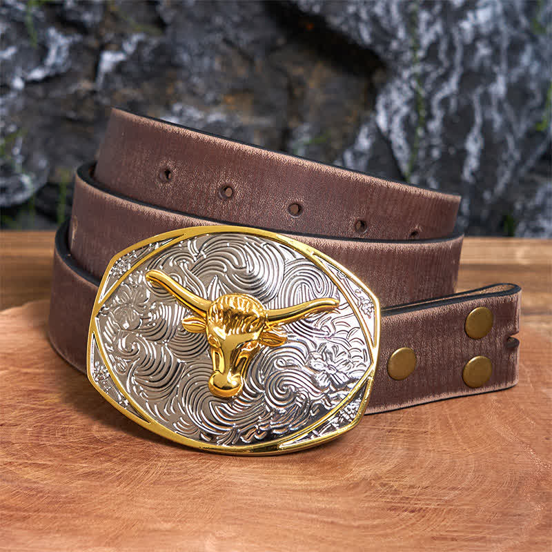 Ceinture en cuir à grande boucle avec tête de longhorn DIY Native Golden - Tête de Longhorn - Ceinture marron vieillie - 42 - image 6