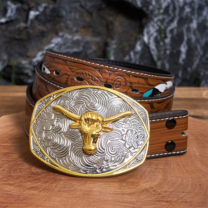Ceinture en cuir à grande boucle avec tête de longhorn DIY Native Golden - Tête de Longhorn - Ceinture à plumes marron - 40 - image 8