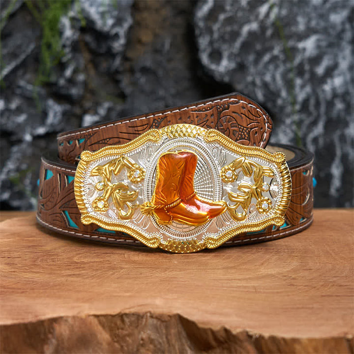 Ceinture en cuir à grande boucle West DIY avec bottes dorées et orange - Bottes - Ceinture sculptée en turquoise - 42 - image 4