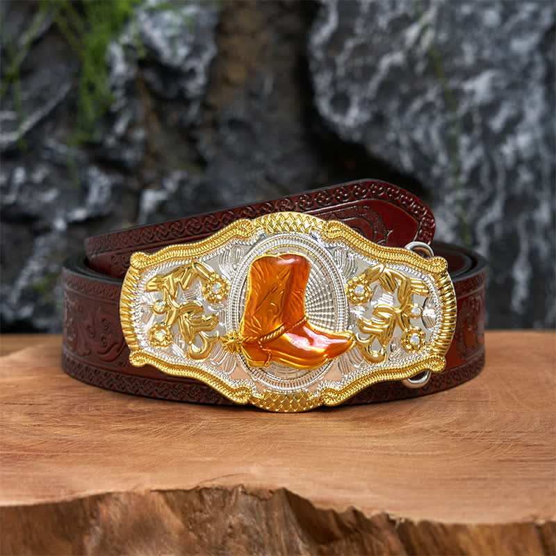 Ceinture en cuir à grande boucle West DIY avec bottes dorées et orange - Bottes - Ceinture marron sculptée - 42 - image 7