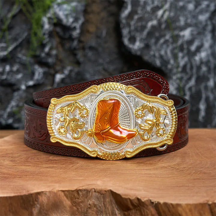 Ceinture en cuir à grande boucle West DIY avec bottes dorées et orange - Bottes - Ceinture marron sculptée - 42 - image 7