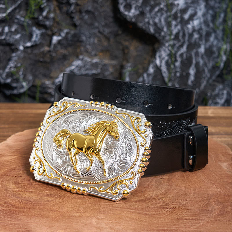 Ceinture en cuir à boucle de cowboy Golden Running Horse DIY - Cheval au galop - Ceinture noire avec aigle en relief - 42 - image 1