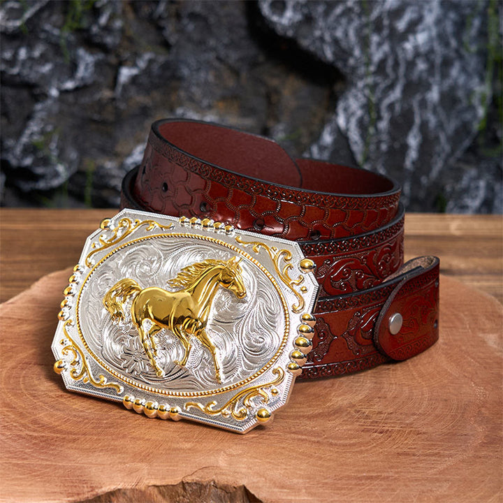 Ceinture en cuir à boucle de cowboy Golden Running Horse DIY - Cheval au galop - Ceinture marron sculptée - 42 - image 6