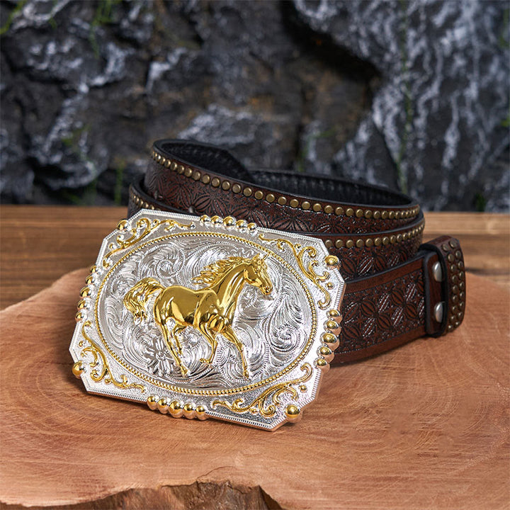 Ceinture en cuir à boucle de cowboy Golden Running Horse DIY - Cheval au galop - Ceinture à rivets marron - 42 - image 5