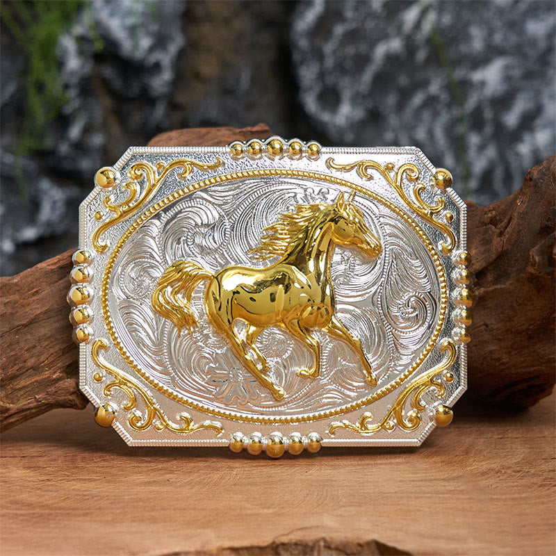 Ceinture en cuir à boucle de cowboy Golden Running Horse DIY - Cheval au galop - Sans ceinture - Ceinture non incluse - image 0