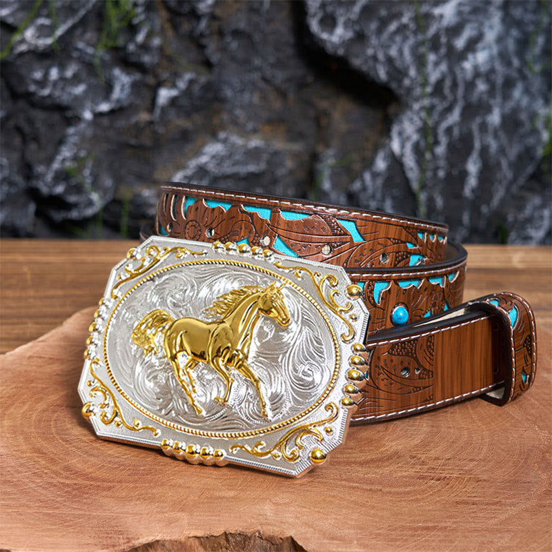 Ceinture en cuir à boucle de cowboy Golden Running Horse DIY - Cheval au galop - Ceinture sculptée en turquoise - 42 - image 3