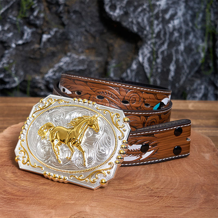Ceinture en cuir à boucle de cowboy Golden Running Horse DIY - Cheval au galop - Ceinture à plumes marron - 40 - image 7