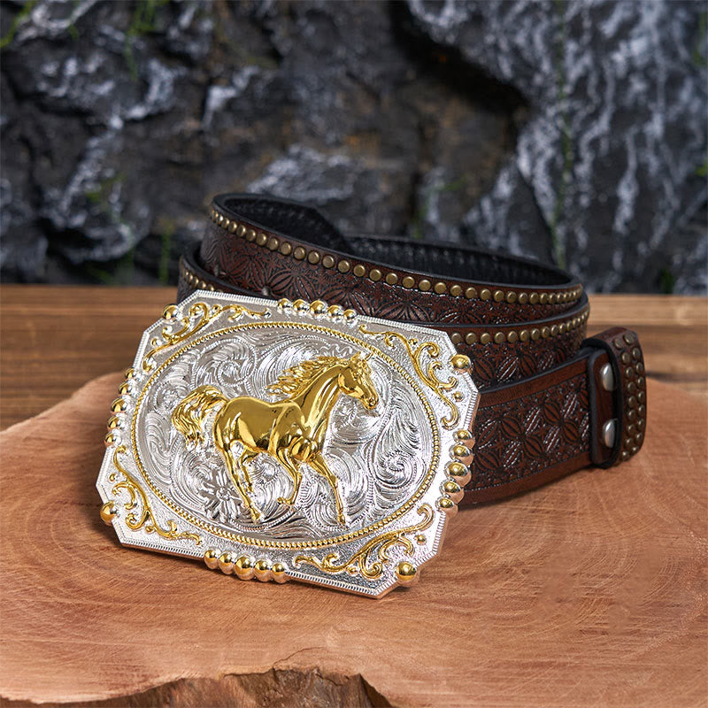Ceinture en cuir à boucle de cowboy Golden Running Horse DIY - Cheval au galop - Ceinture à rivets marron - 42 - image 4