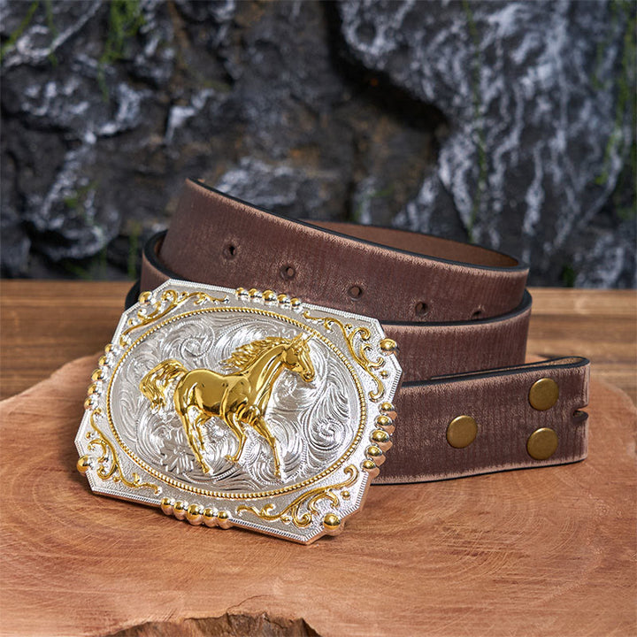 Ceinture en cuir à boucle de cowboy Golden Running Horse DIY - Cheval au galop - Ceinture marron vieillie - 42 - image 5