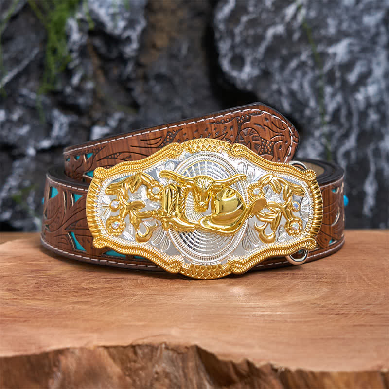 Ceinture en cuir à grande boucle avec chapeau de cowboy et taureau doré DIY West - Taureau et chapeau de cow-boy - Ceinture sculptée en turquoise - 42 - image 4