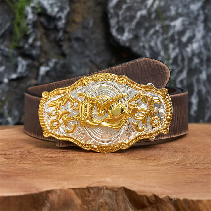 Ceinture en cuir à grande boucle avec chapeau de cowboy et taureau doré DIY West - Taureau et chapeau de cow-boy - Ceinture marron vieillie - 42 - image 6