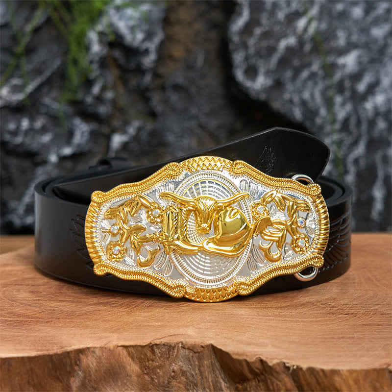 Ceinture en cuir à grande boucle avec chapeau de cowboy et taureau doré DIY West - Taureau et chapeau de cow-boy - Ceinture noire avec aigle en relief - 42 - image 3