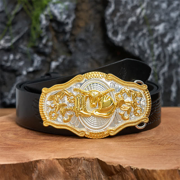 Ceinture en cuir à grande boucle avec chapeau de cowboy et taureau doré DIY West - Taureau et chapeau de cow-boy - Ceinture noire avec aigle en relief - 42 - image 3