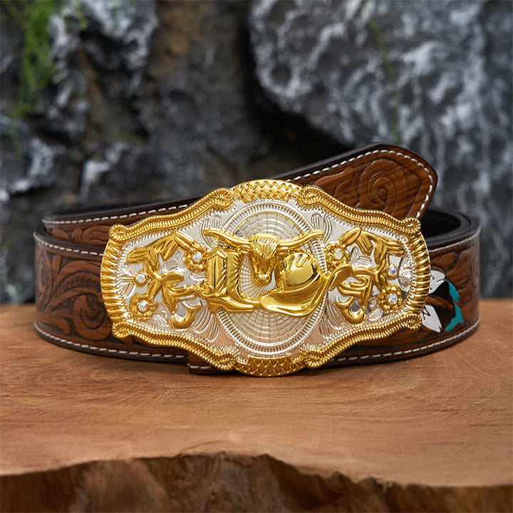 Ceinture en cuir à grande boucle avec chapeau de cowboy et taureau doré DIY West - Taureau et chapeau de cow-boy - Ceinture à plumes marron - 40 - image 8