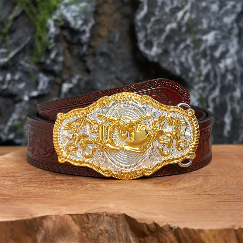 Ceinture en cuir à grande boucle avec chapeau de cowboy et taureau doré DIY West - Taureau et chapeau de cow-boy - Ceinture marron sculptée - 42 - image 7