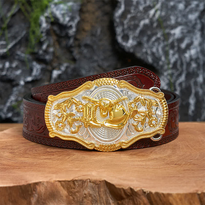 Ceinture en cuir à grande boucle avec chapeau de cowboy et taureau doré DIY West - Taureau et chapeau de cow-boy - Ceinture marron sculptée - 42 - image 7