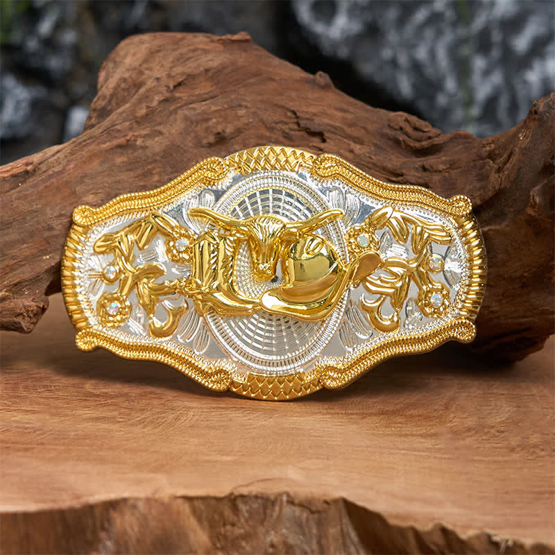 Ceinture en cuir à grande boucle avec chapeau de cowboy et taureau doré DIY West - Taureau et chapeau de cow-boy - Sans ceinture - Ceinture non incluse - image 0