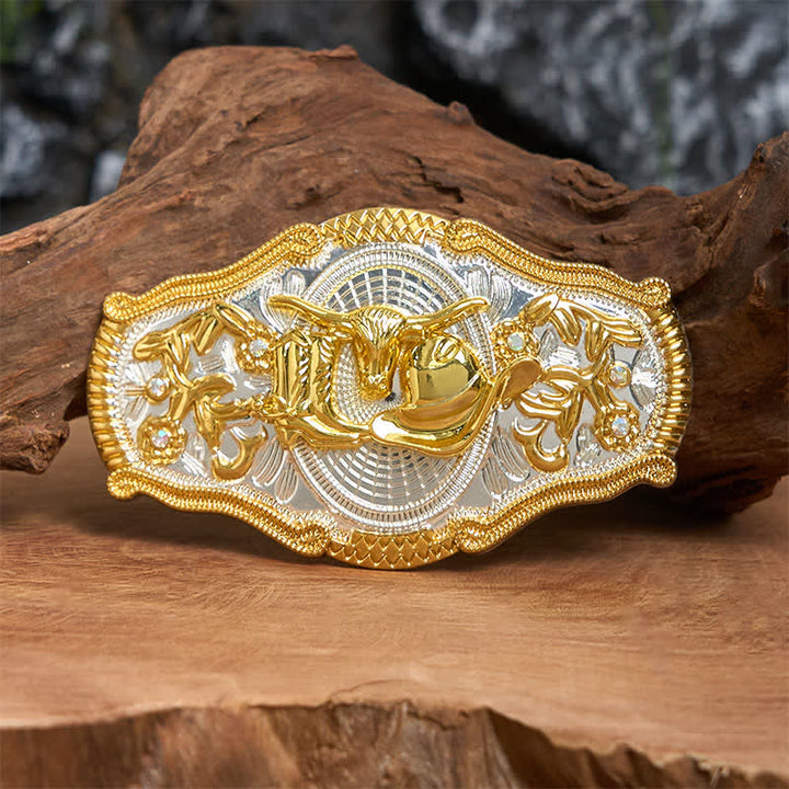 Ceinture en cuir à grande boucle avec chapeau de cowboy et taureau doré DIY West - Taureau et chapeau de cow-boy - Sans ceinture - Ceinture non incluse - image 0
