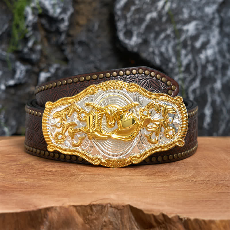 Ceinture en cuir à grande boucle avec chapeau de cowboy et taureau doré DIY West - Taureau et chapeau de cow-boy - Ceinture à rivets marron - 42 - image 5
