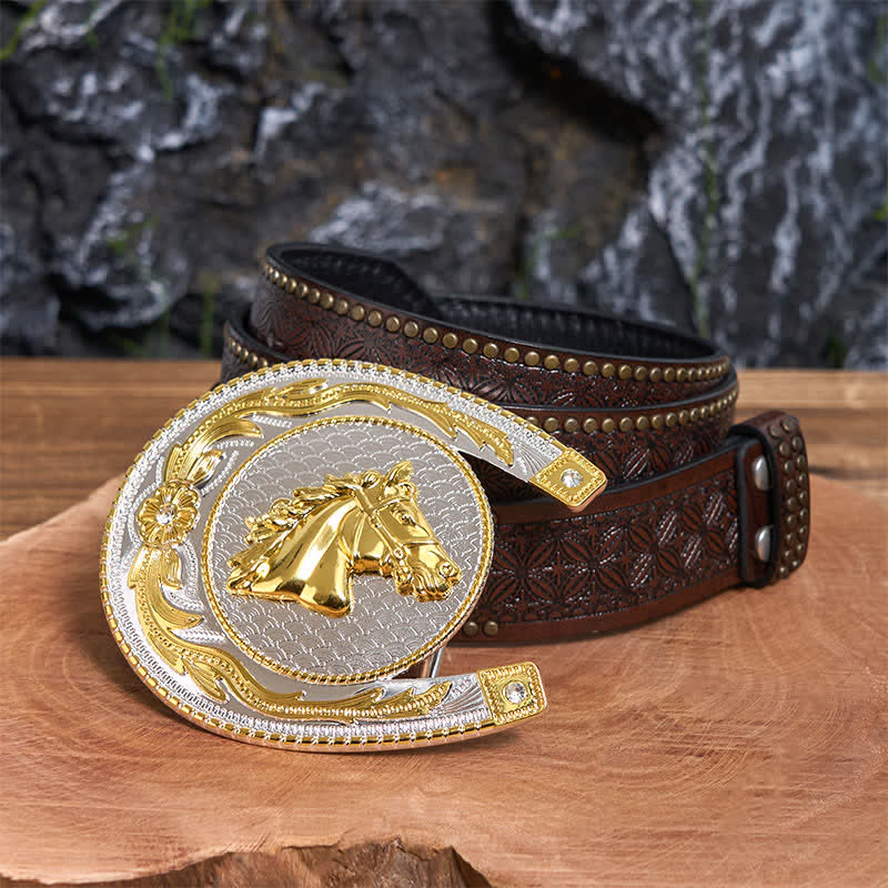 Grande ceinture en cuir à boucle western en forme de fer à cheval - Fer à cheval - Ceinture à rivets marron - 42 - image 5