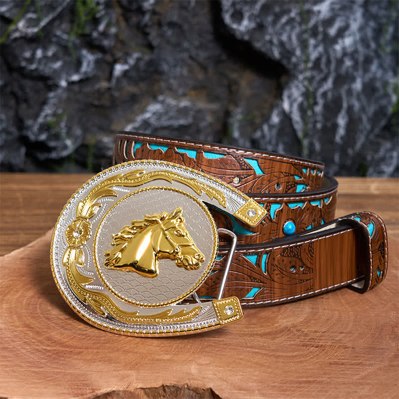 Grande ceinture en cuir à boucle western en forme de fer à cheval - Fer à cheval - Ceinture sculptée en turquoise - 42 - image 4