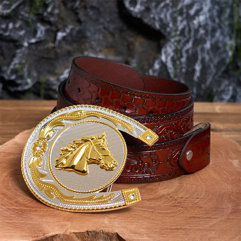 Grande ceinture en cuir à boucle western en forme de fer à cheval - Fer à cheval - Ceinture marron sculptée - 42 - image 7