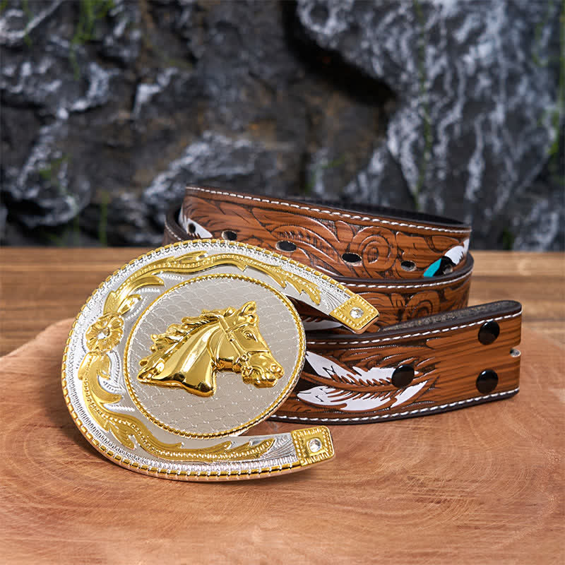 Grande ceinture en cuir à boucle western en forme de fer à cheval - Fer à cheval - Ceinture à plumes marron - 40 - image 8