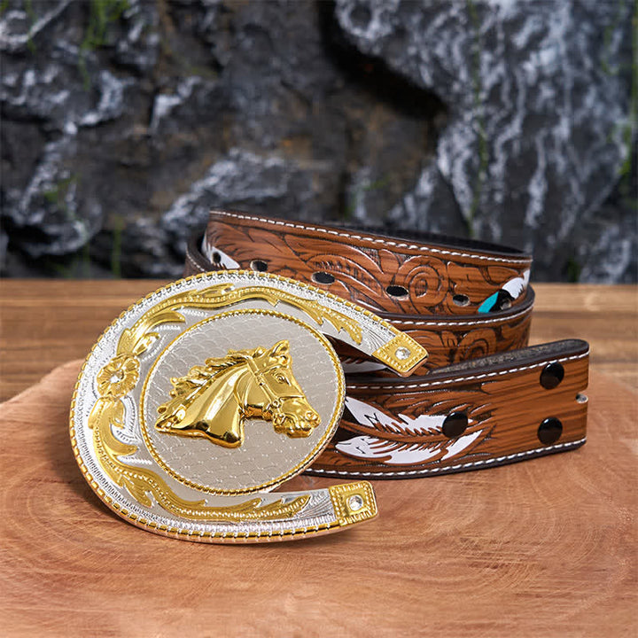 Grande ceinture en cuir à boucle western en forme de fer à cheval - Fer à cheval - Ceinture à plumes marron - 40 - image 8