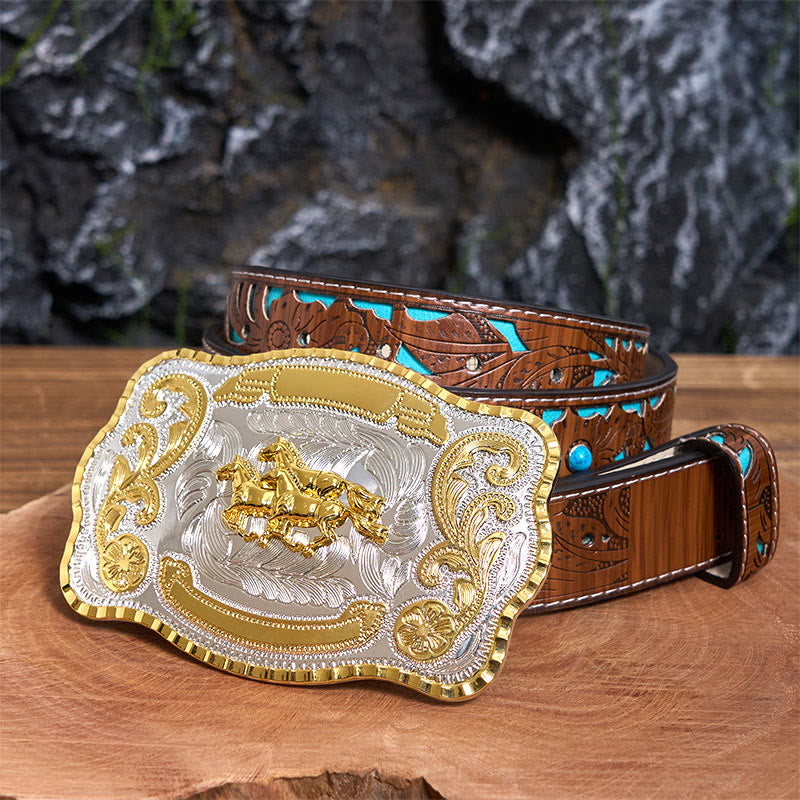 Ceinture en cuir à boucle de cowboy DIY avec trois chevaux au galop - Trois chevaux au galop - Ceinture sculptée en turquoise - 42 - image 4