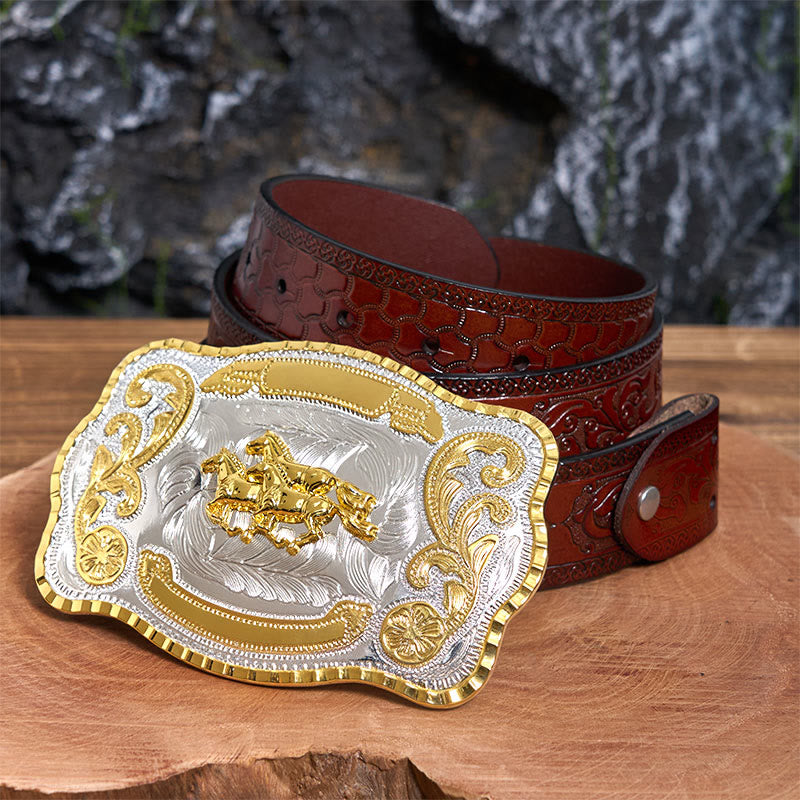 Ceinture en cuir à boucle de cowboy DIY avec trois chevaux au galop - Trois chevaux au galop - Ceinture marron sculptée - 42 - image 7