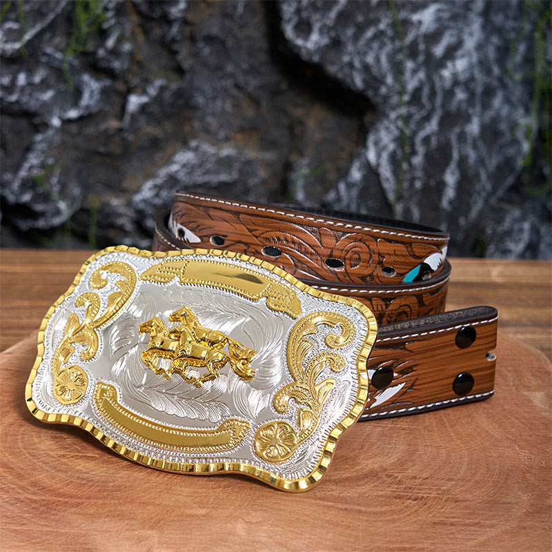 Ceinture en cuir à boucle de cowboy DIY avec trois chevaux au galop - Trois chevaux au galop - Ceinture à plumes marron - 40 - image 8