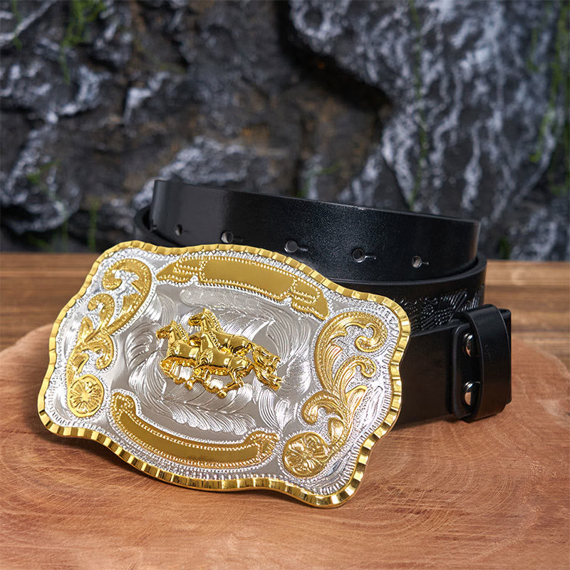 Ceinture en cuir à boucle de cowboy DIY avec trois chevaux au galop - Trois chevaux au galop - Ceinture noire avec aigle en relief - 42 - image 1