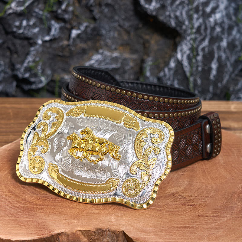 Ceinture en cuir à boucle de cowboy DIY avec trois chevaux au galop - Trois chevaux au galop - Ceinture à rivets marron - 42 - image 5