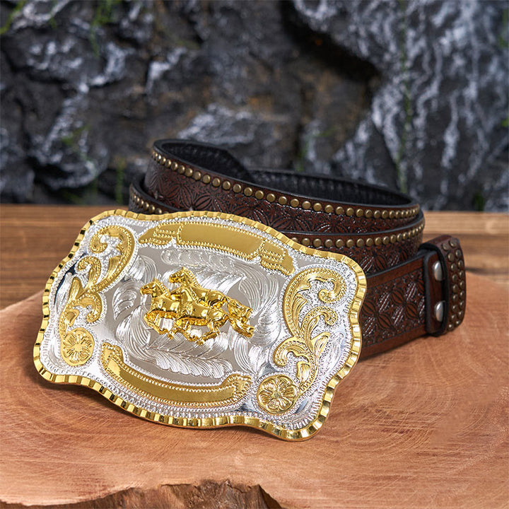 Ceinture en cuir à boucle de cowboy DIY avec trois chevaux au galop - Trois chevaux au galop - Ceinture à rivets marron - 42 - image 5