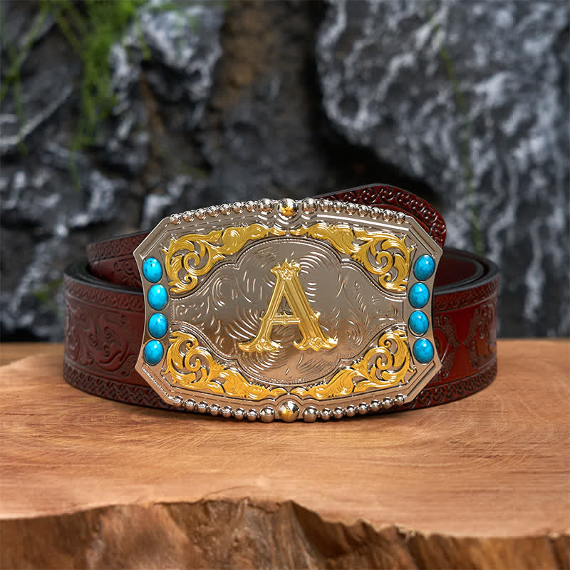 Boucle de ceinture en cuir décorative turquoise à faire soi-même avec initiales - UN - Ceinture marron sculptée (40) - image 3