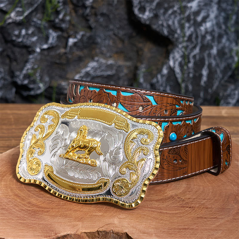 Ceinture en cuir à boucle de cowboy Golden Gallant Horse DIY - Cheval galant - Ceinture sculptée en turquoise - 42 - image 4