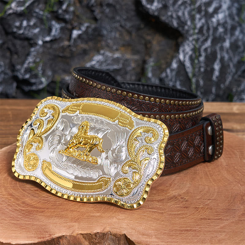 Ceinture en cuir à boucle de cowboy Golden Gallant Horse DIY - Cheval galant - Ceinture à rivets marron - 42 - image 5