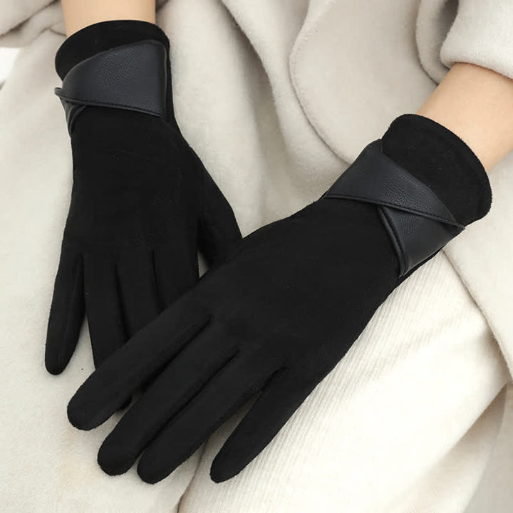 Gants en daim doublés polaire chauds de couleur unie pour femmes - Noir - image 17