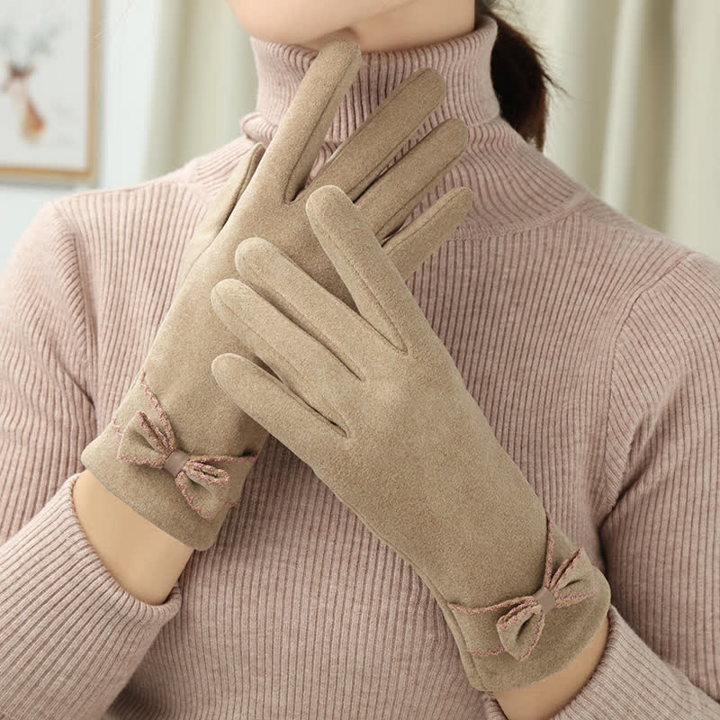 Gants pour femmes avec nœud mignon et couvre-doigts - Kaki - image 0