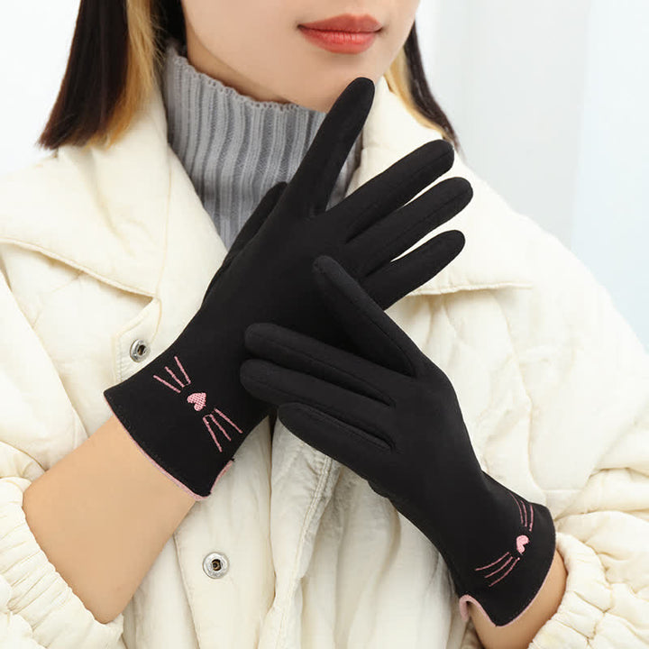 Gants tactiles pour femme avec broderie chat mignon - Noir - image 9