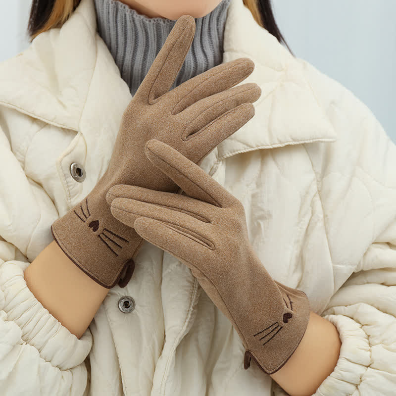 Gants tactiles pour femme avec broderie chat mignon - Kaki - image 0