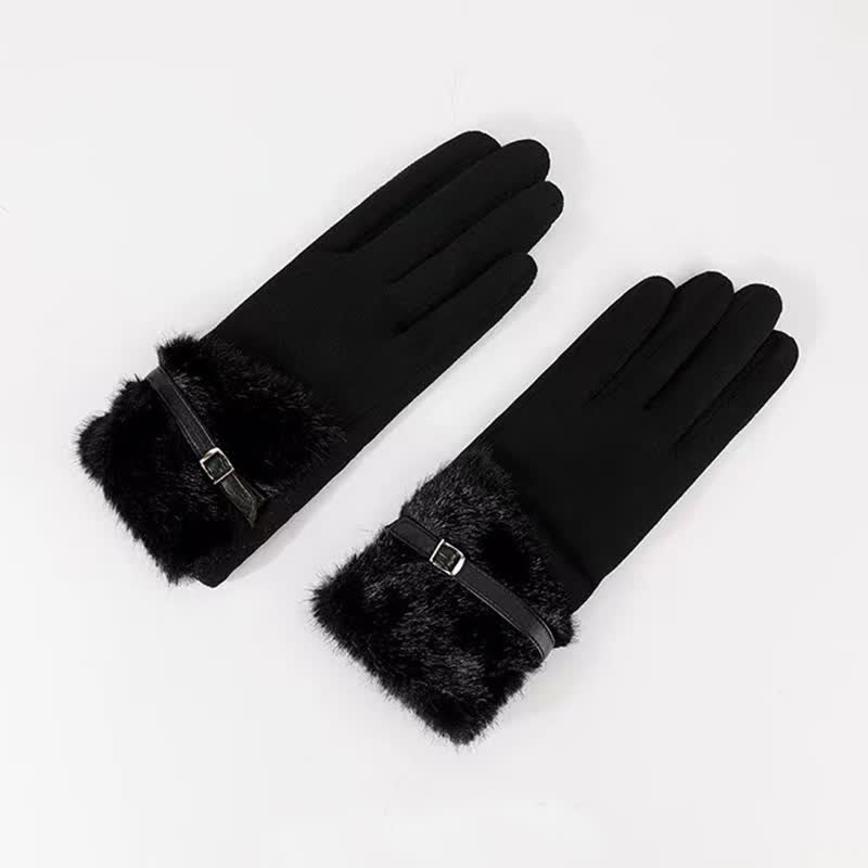 Gants en daim pour femme avec poignets en peluche et décoration en métal - Noir - image 3