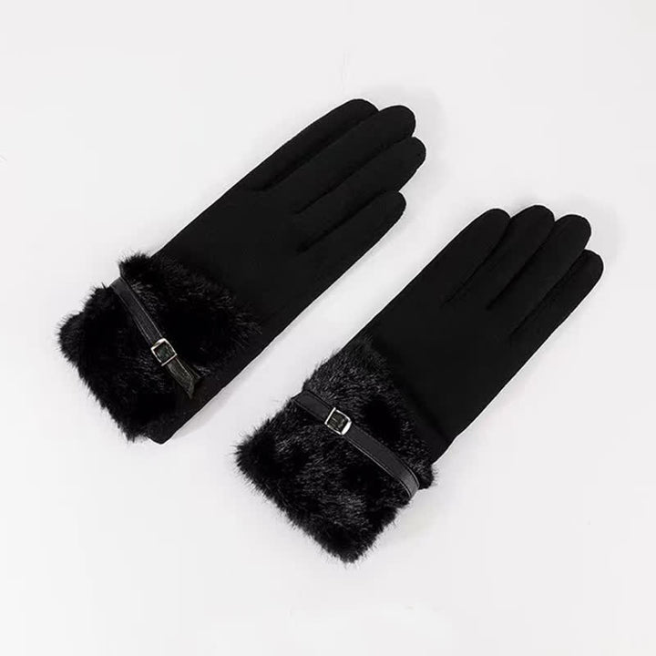 Gants en daim pour femme avec poignets en peluche et décoration en métal - Noir - image 3