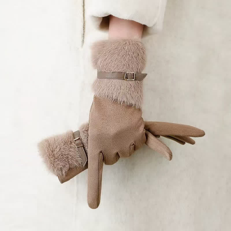 Gants en daim pour femme avec poignets en peluche et décoration en métal - Kaki foncé - image 0