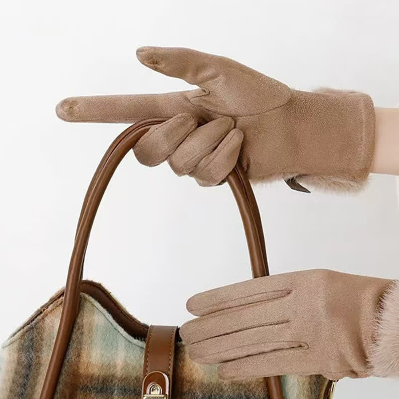 Gants en daim pour femme avec poignets en peluche et décoration en métal - image 1